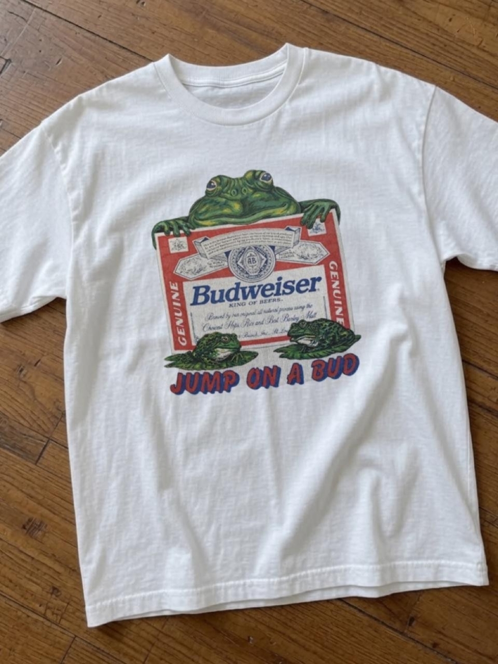 Gildan White Tee with Green Frog & Red Budweiser Graphic